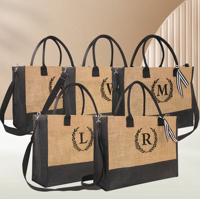 Jolivol Emblem Jute Tote Bag - Natural Fiber Carryall with Shoulder Strap