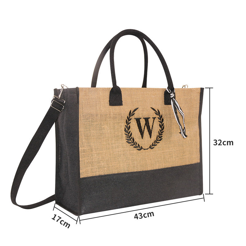 Jolivol Emblem Jute Tote Bag - Natural Fiber Carryall with Shoulder Strap