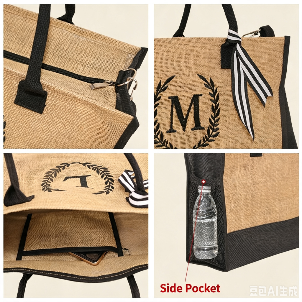 Jolivol Emblem Jute Tote Bag - Natural Fiber Carryall with Shoulder Strap
