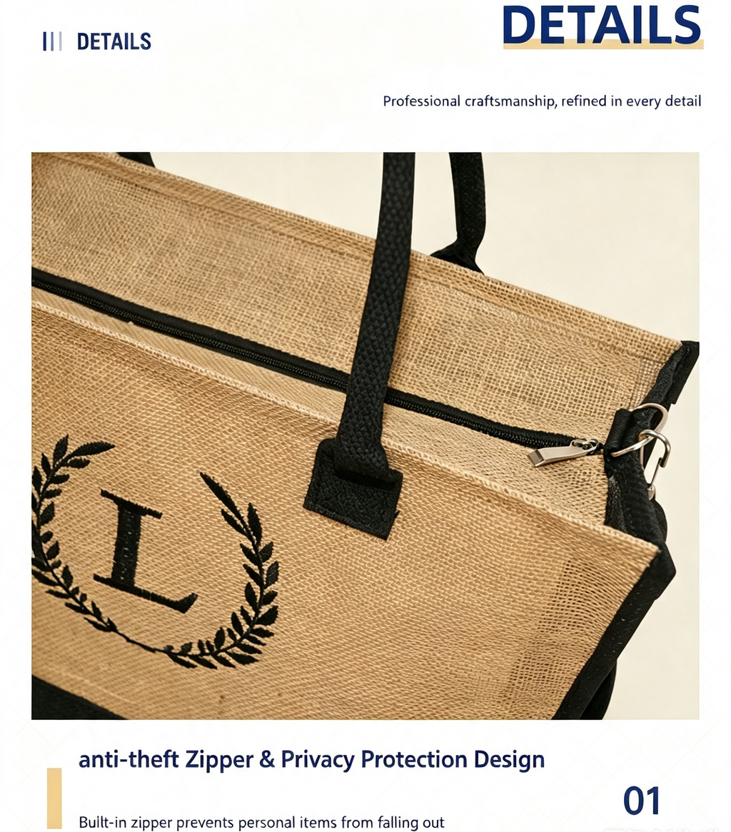Jolivol Emblem Jute Tote Bag - Natural Fiber Carryall with Shoulder Strap