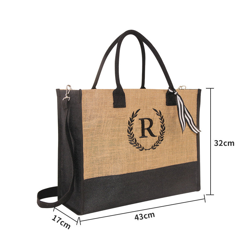 Jolivol Emblem Jute Tote Bag - Natural Fiber Carryall with Shoulder Strap